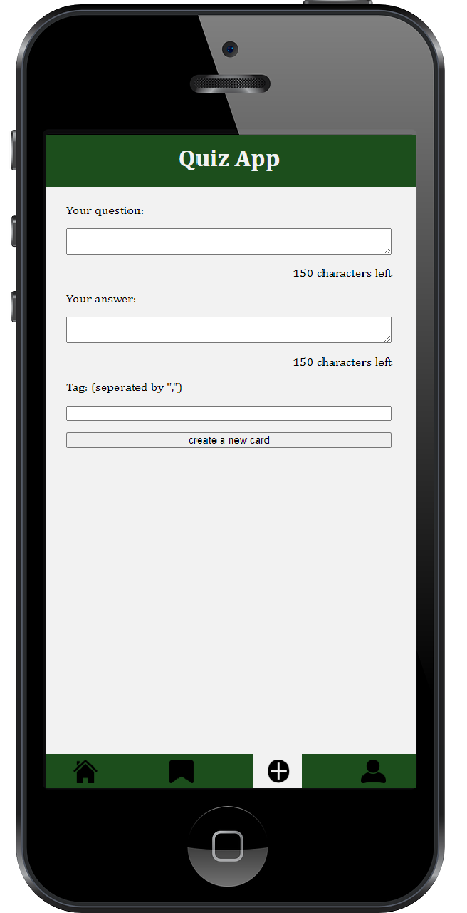 preview of the app on a smartphone, adding a new quiz card